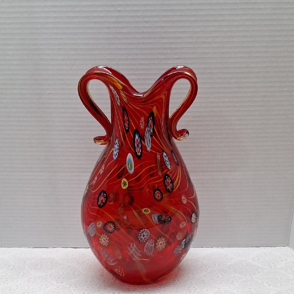 #ACQ Elegant Red Art Glass Vase With  Millefiori Throught Out